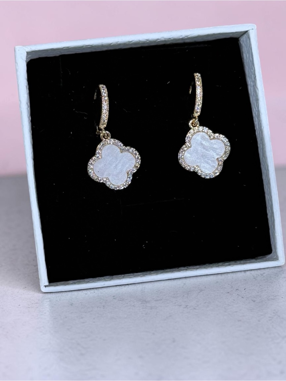 18k Gold plated Clover Drop Earrings with White Marble NWT